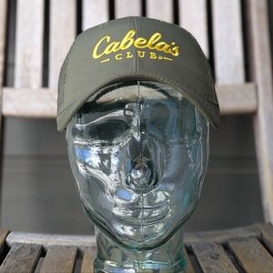 NWOT Cabela's Club Army Green Trucker Cap with Embroidered Yellow Logo Unisex